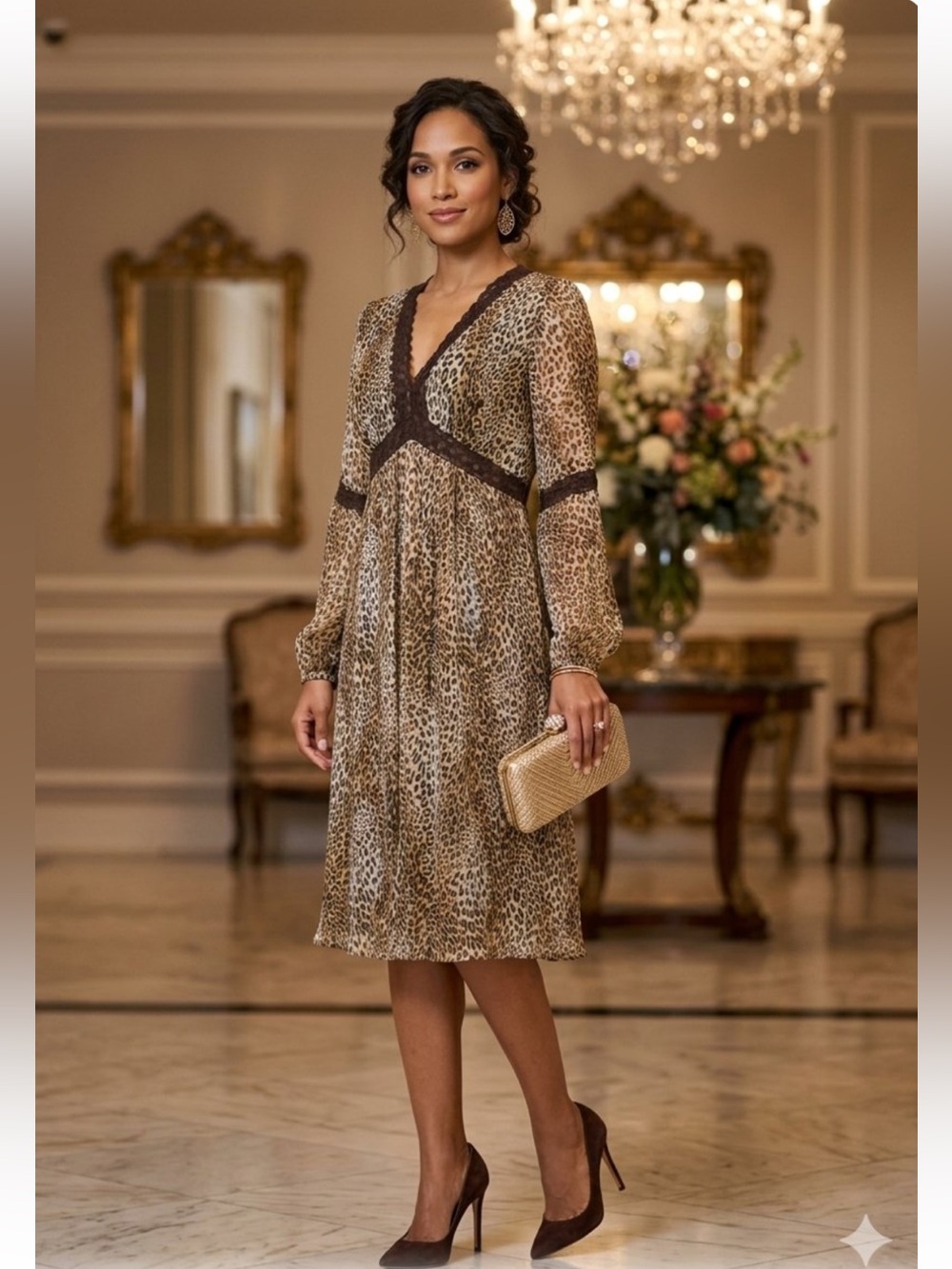 Nicole Miller Vintage Silk Empire Waist Lace Trim Leopard Print Midi Dress 12
